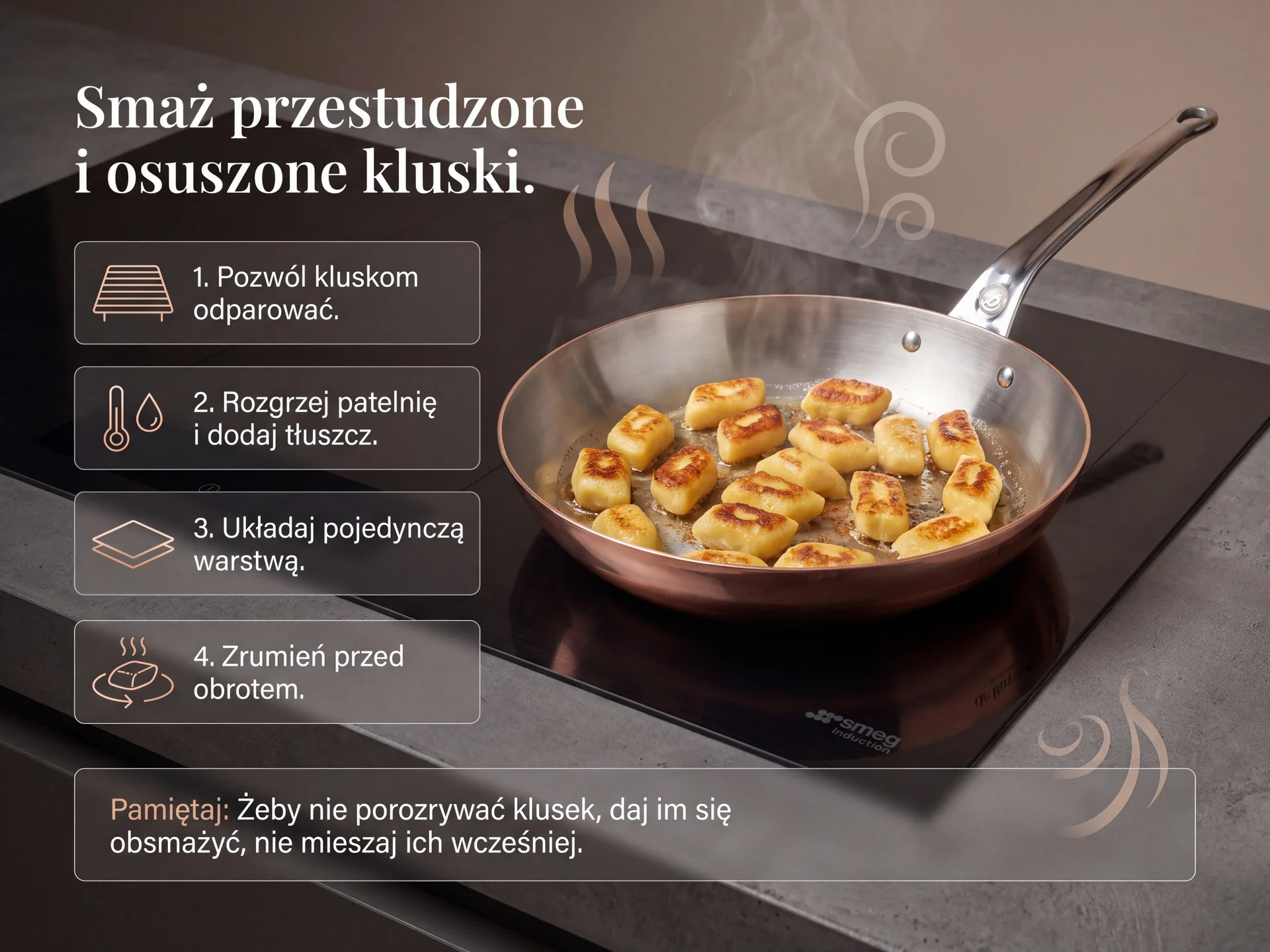 Idealnie rumiane kluski smażone na miedzianej patelni zgodnie z poradami Prestizowej Kuchni. Smażenie kopytek na patelni miedzianej - instrukcja jak uniknąć sklejania się klusek podczas podsmażania.