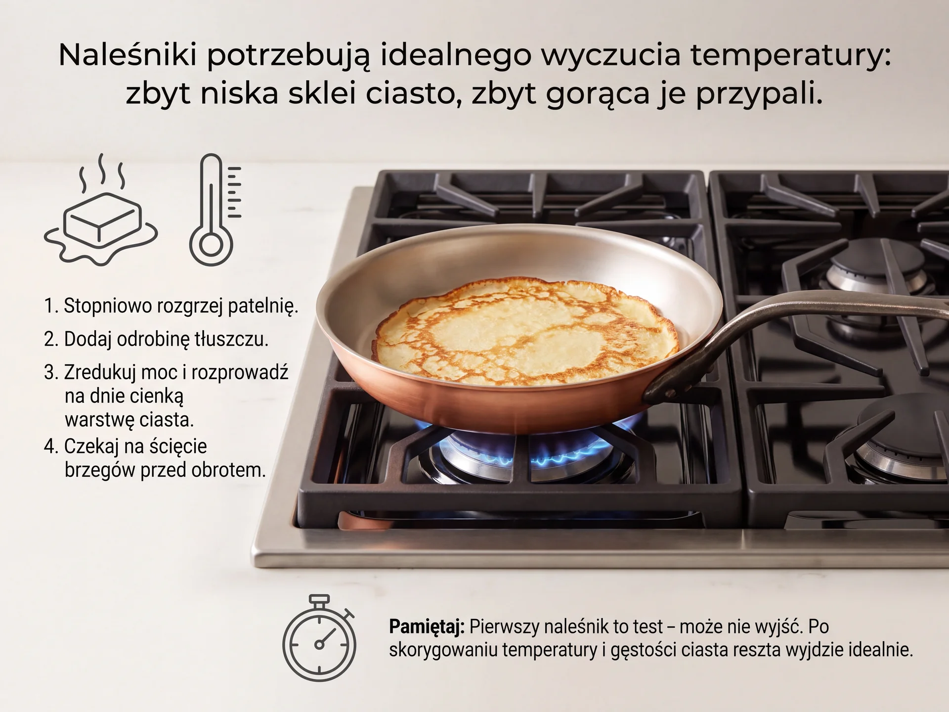 Idealne smażenie naleśników na miedzianej patelni kuchennej z użyciem odpowiedniej temperatury Smażenie naleśnika na miedzianej patelni na gazie według instrukcji krok po kroku bez przywierania
