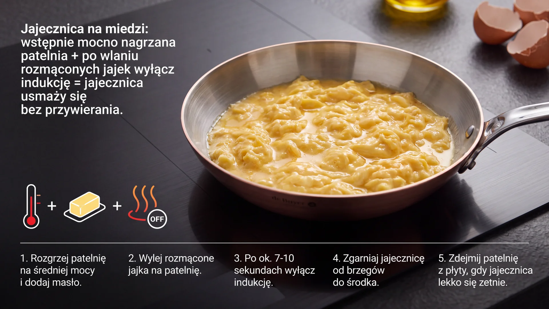 Jajecznica smażona na miedzianej patelni z instrukcją przygotowania na czarnym blacie kuchennym