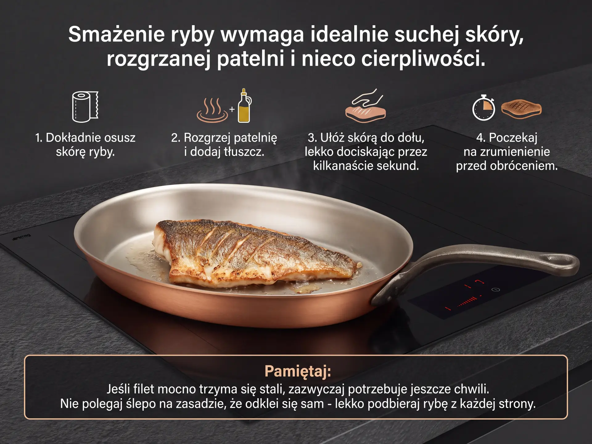 Filet ryby smażony na miedzianej patelni na kuchence indukcyjnej – instrukcja krok po kroku.