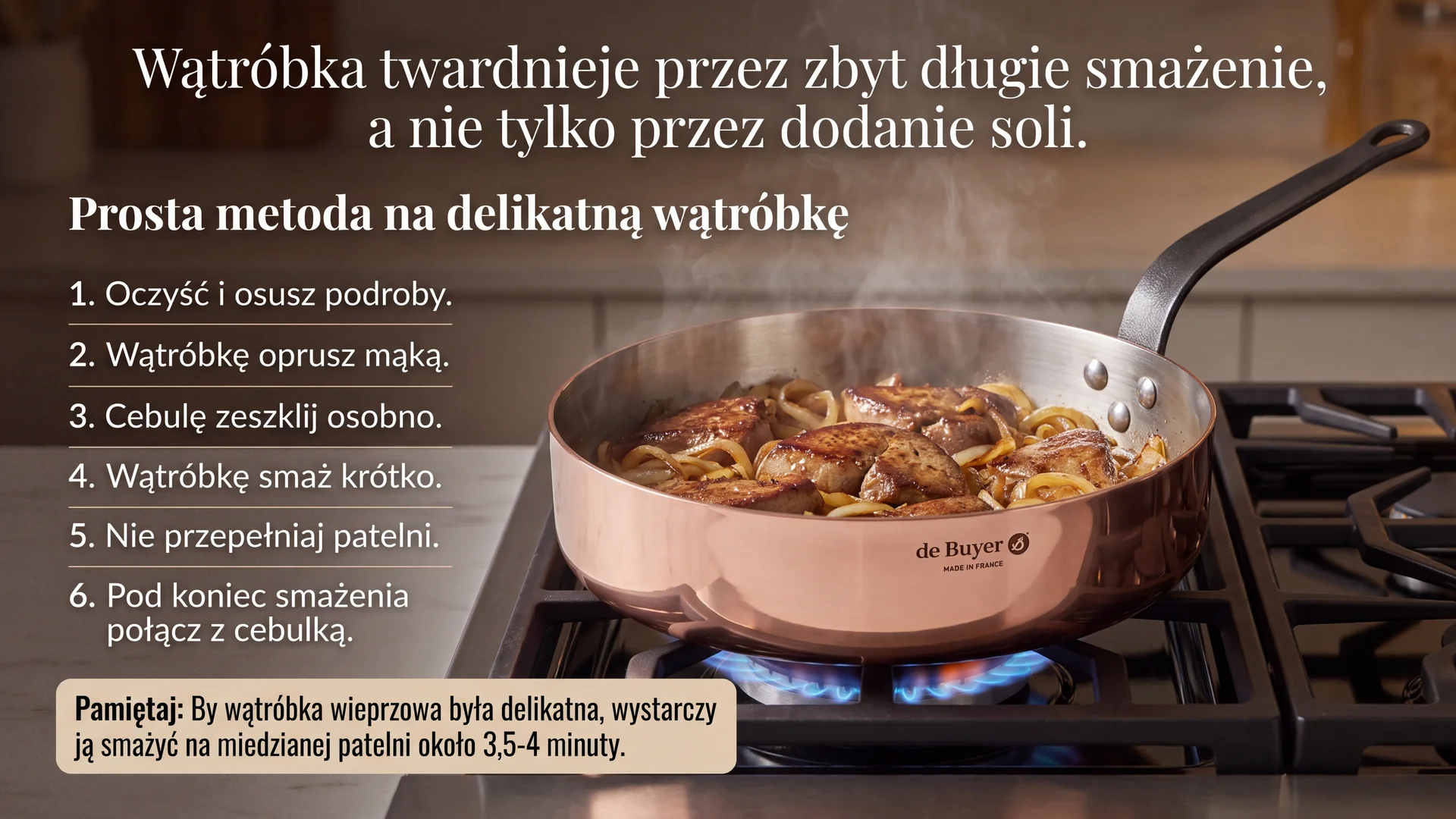 Smażenie wątróbki z cebulą na miedzianej patelni de Buyer na gazowej kuchence w domowej kuchni