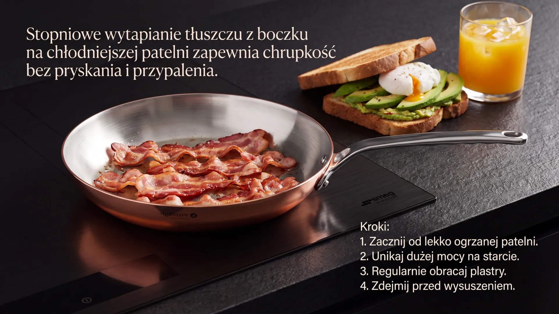 Smażenie boczku na chłodnej patelni miedzianej dla idealnej chrupkości i mniejszego bałaganu. Boczek smażony na patelni miedzianej – sposób na chrupiące plastry bez pryskania tłuszczu.