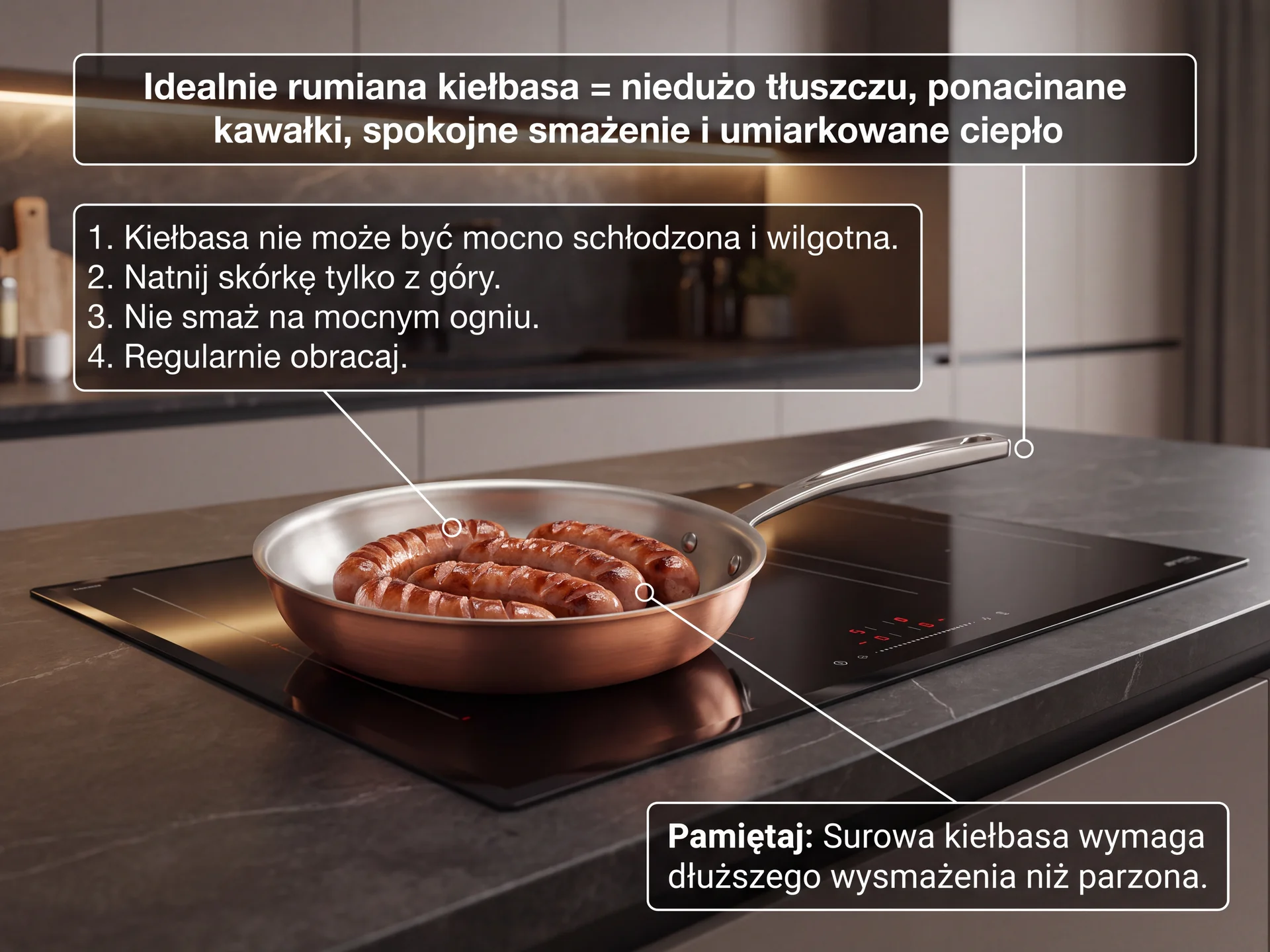 Soczysta kiełbasa smażona na patelni miedzianej, prezentacja idealnego smażenia w nowoczesnej kuchni