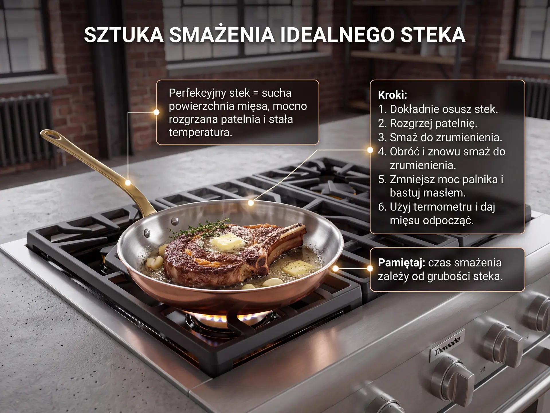 Idealne smażenie steka na patelni miedzianej – porady i etapy przygotowania mięsa. Stek smażony na miedzianej patelni z masłem i ziołami na nowoczesnej kuchence gazowej.