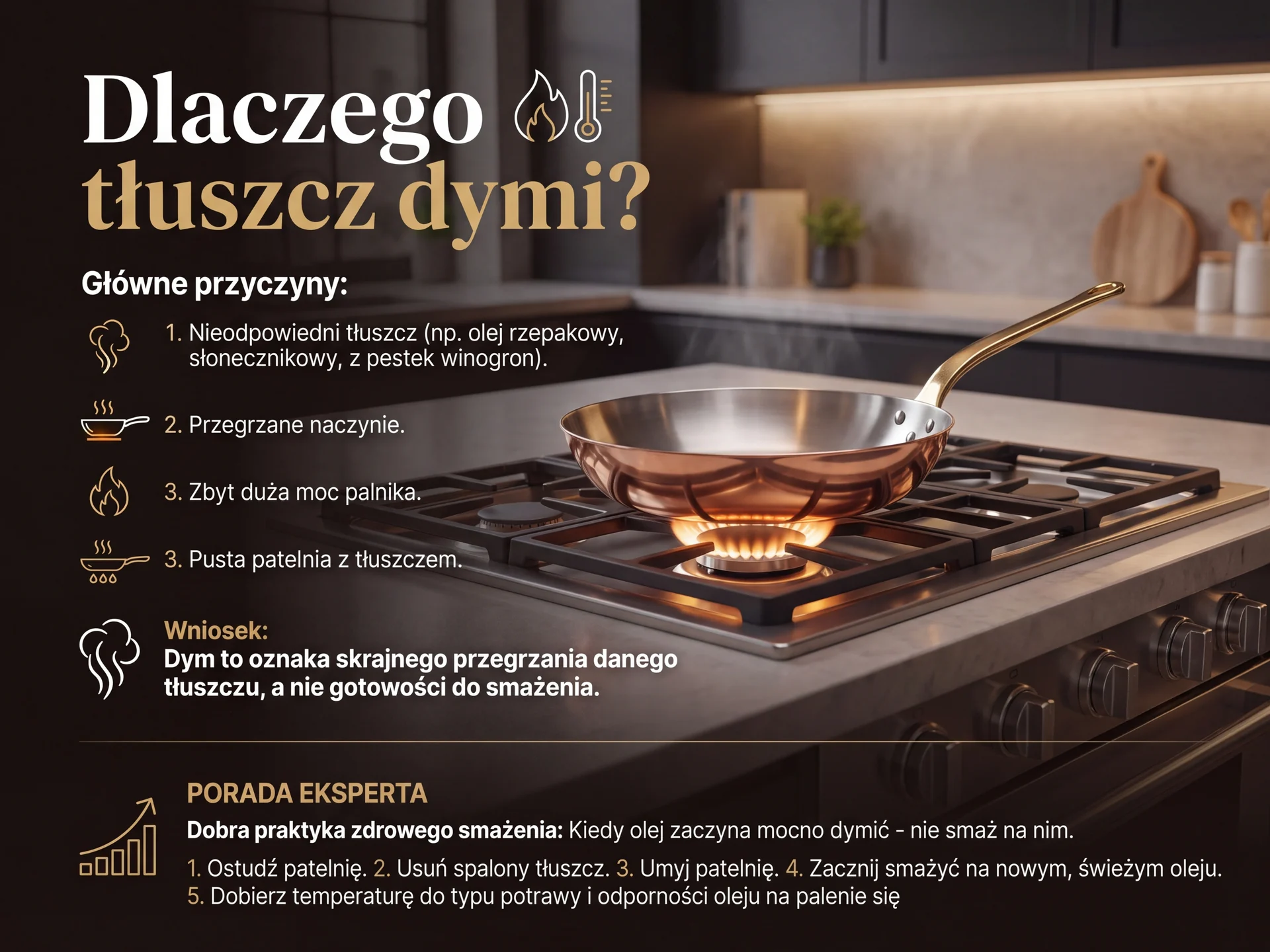 Miedziana patelnia na kuchence gazowej, obok infografika o przyczynach dymienia tłuszczu podczas smażenia