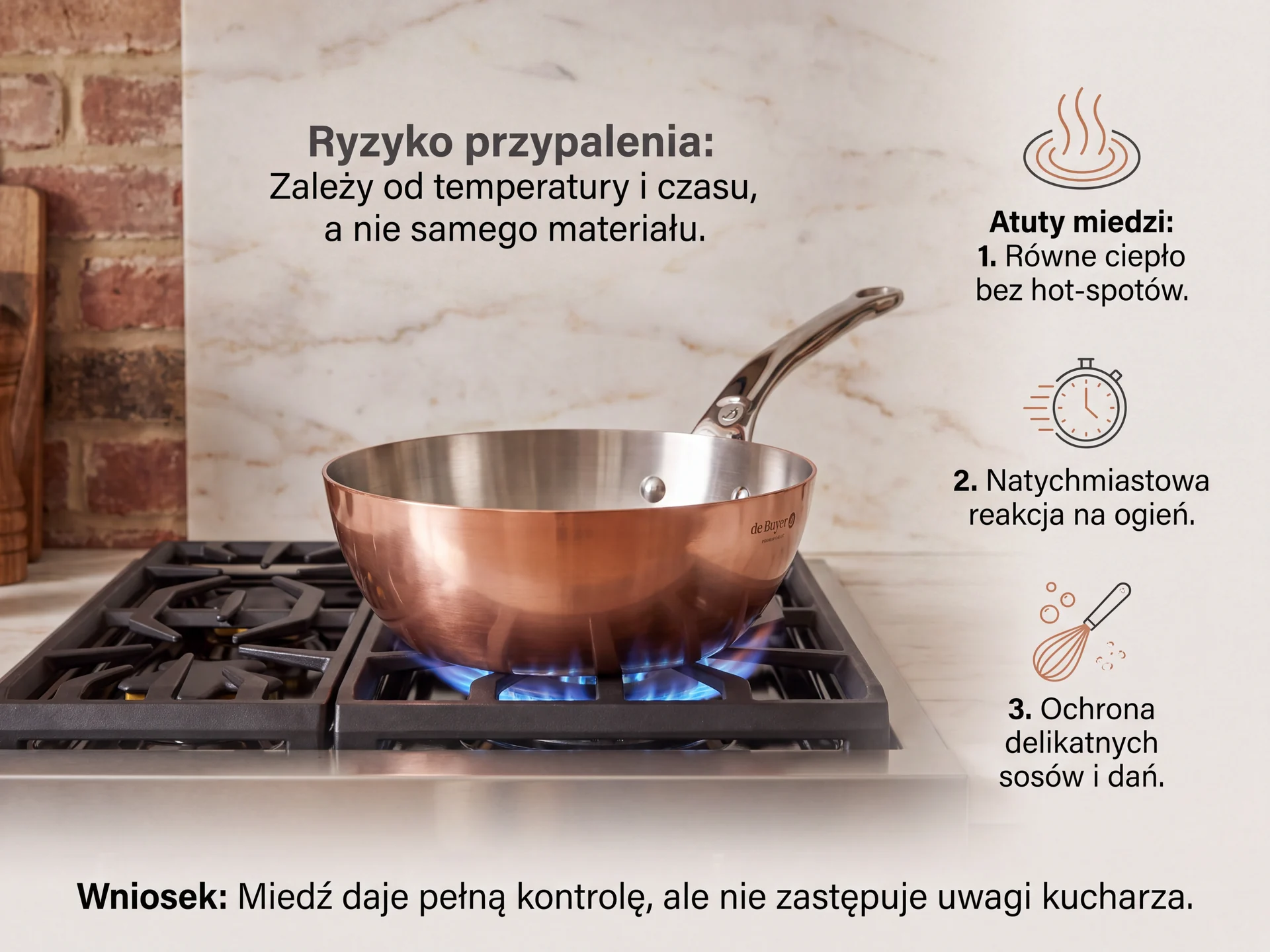 Patelnia z miedzi w akcji – szybka reakcja na ogień i ochrona delikatnych potraw. Miedziana patelnia na kuchence gazowej – równe rozprowadzanie ciepła dla perfekcyjnego gotowania.