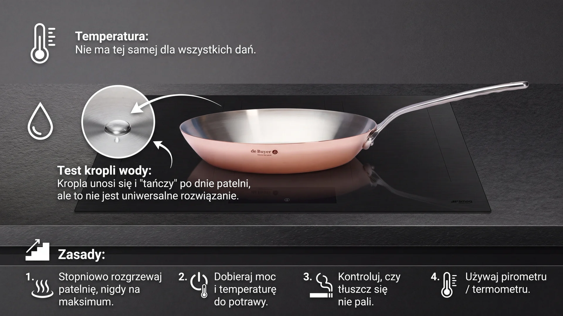 Jak prawidłowo rozgrzać miedzianą patelnię – wskazówki i testy na przykładzie de Buyer. Miedziana patelnia de Buyer na płycie indukcyjnej, test kropli wody i zasady rozgrzewania.