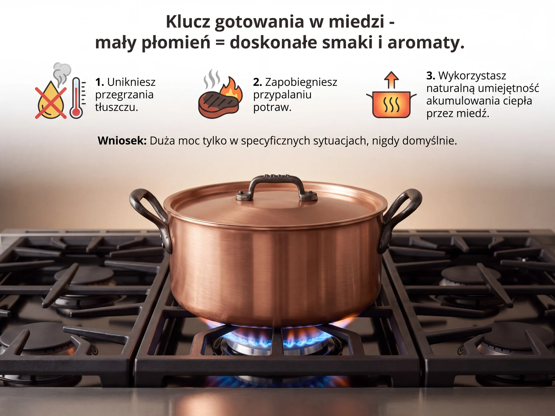 Gotowanie w garnkach miedzianych – dlaczego warto używać niskiego płomienia Miedziany garnek na małym ogniu, infografika o kontroli mocy palnika podczas gotowania w miedzi