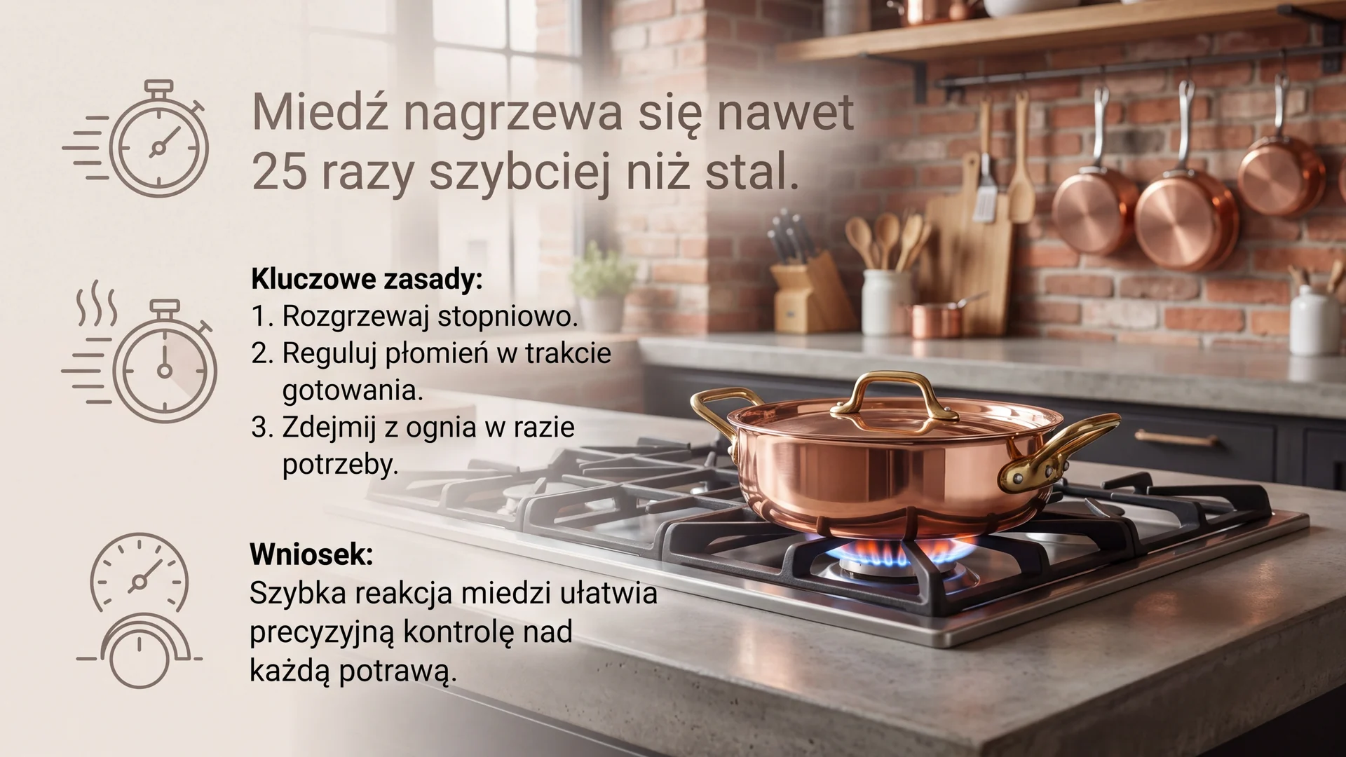 Miedziany garnek na kuchence gazowej – kontrola temperatury gotowania w nowoczesnej kuchni.