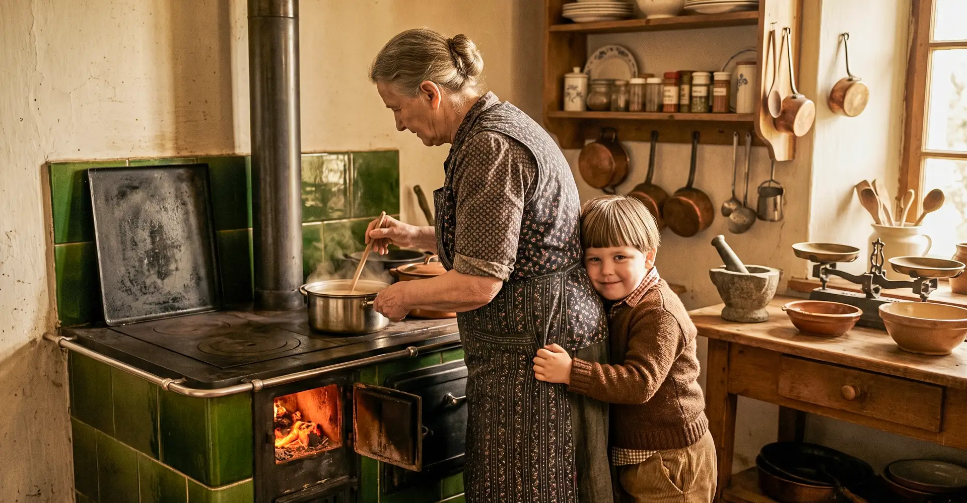 Rodzinne gotowanie przy tradycyjnej kuchni — pierwsze kroki w kuchni z babcią. Babcia gotuje z wnukiem przy kuchni kaflowej, początek kulinarnej przygody w domowej atmosferze.