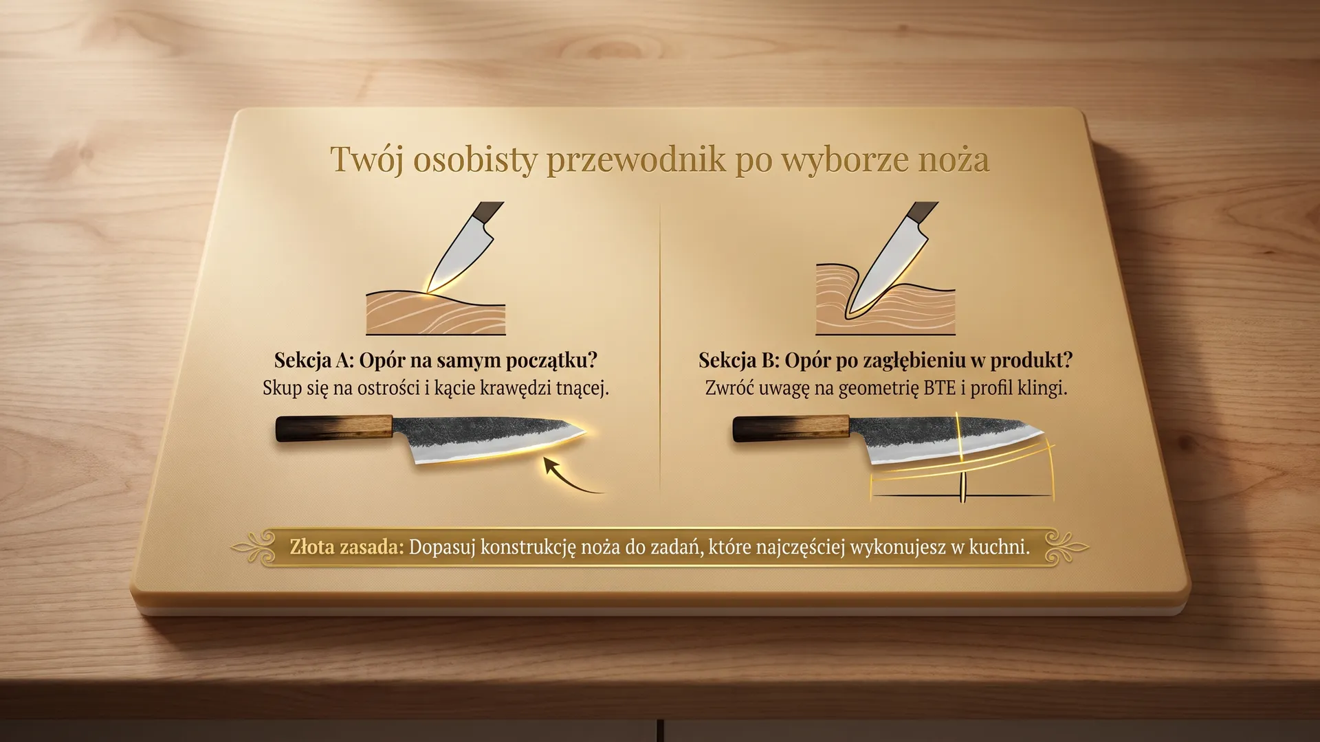 Infografika o wyborze noża kuchennego – różnice w oporze krojenia oraz konstrukcji ostrza.