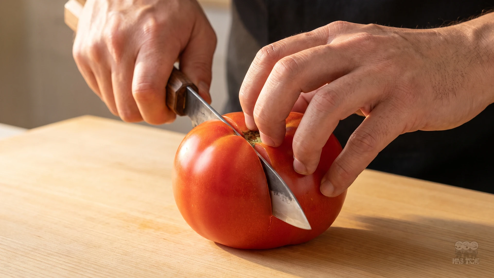 Jak uzyskać równe plastry pomidora dzięki technice pull cut – praktyka w kuchni Krojenie pomidora techniką pull cut – precyzyjne plastry nożem na drewnianej desce kuchennej