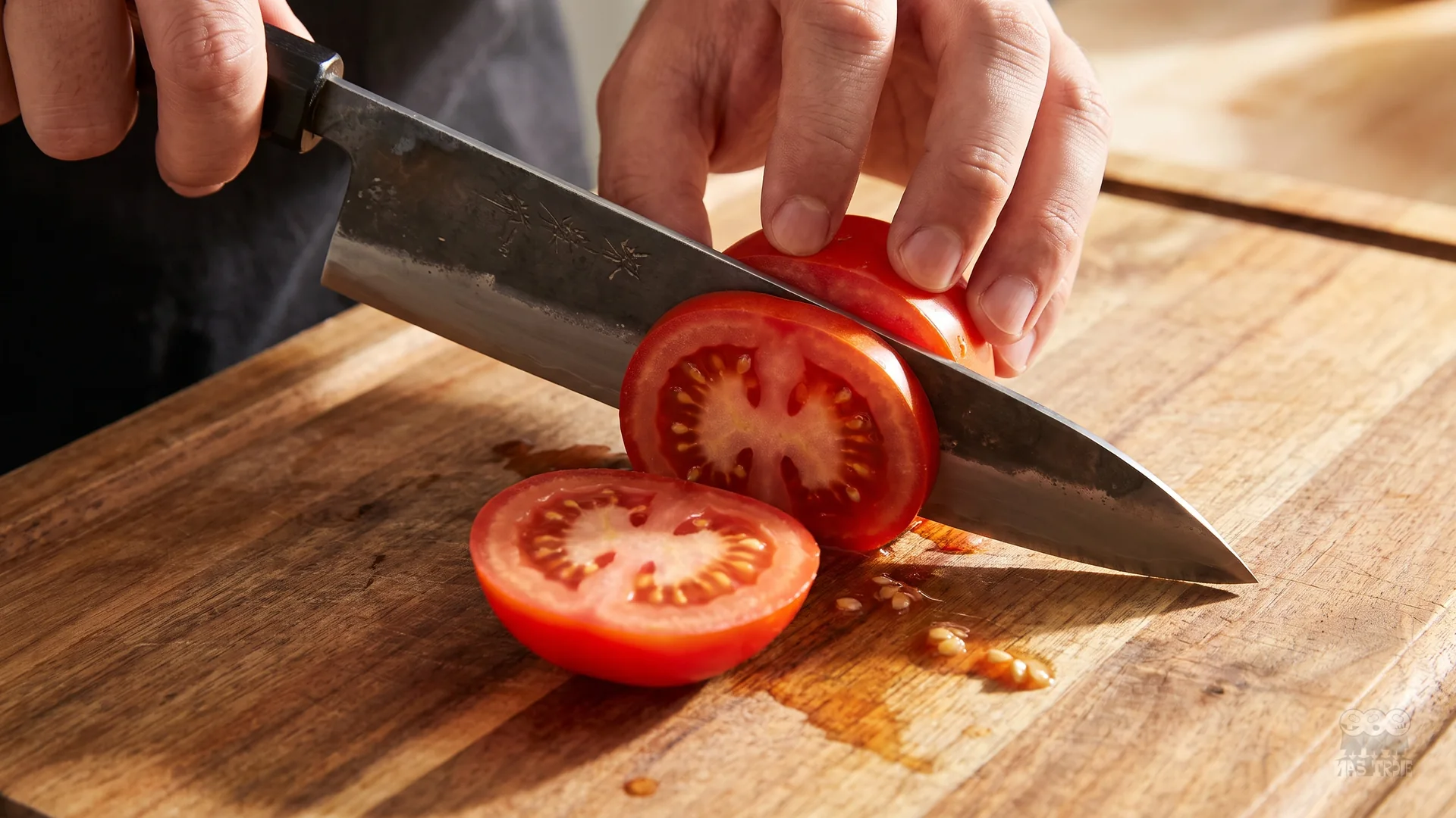 Równe plastry pomidora uzyskane za pomocą techniki pull cut i precyzyjnego noża Krojenie pomidora techniką pull cut ostrym nożem na drewnianej desce kuchennej