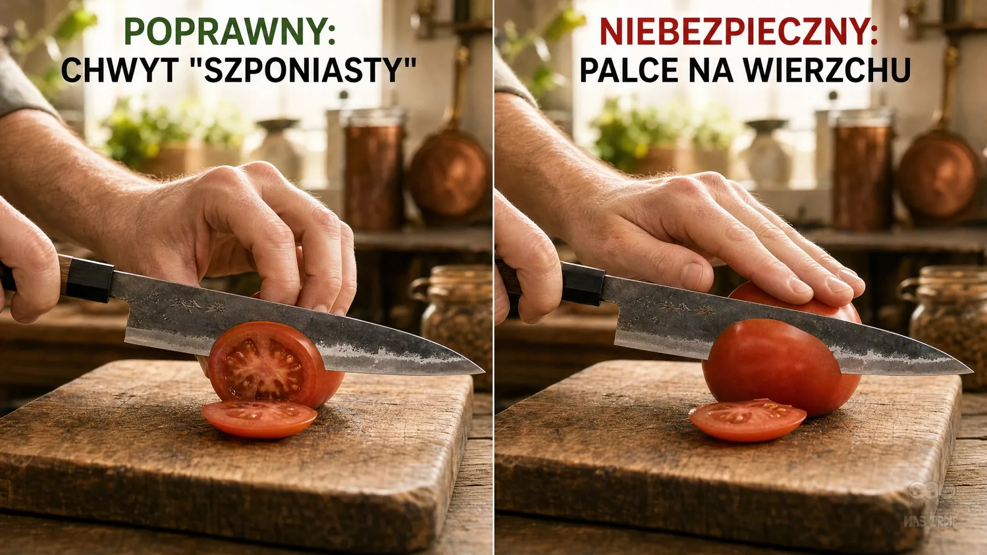 Porównanie poprawnego i ryzykownego chwytu dłoni przy krojeniu pomidora na równe plastry. Bezpieczne i niebezpieczne sposoby trzymania pomidora podczas krojenia nożem kuchennym na desce.