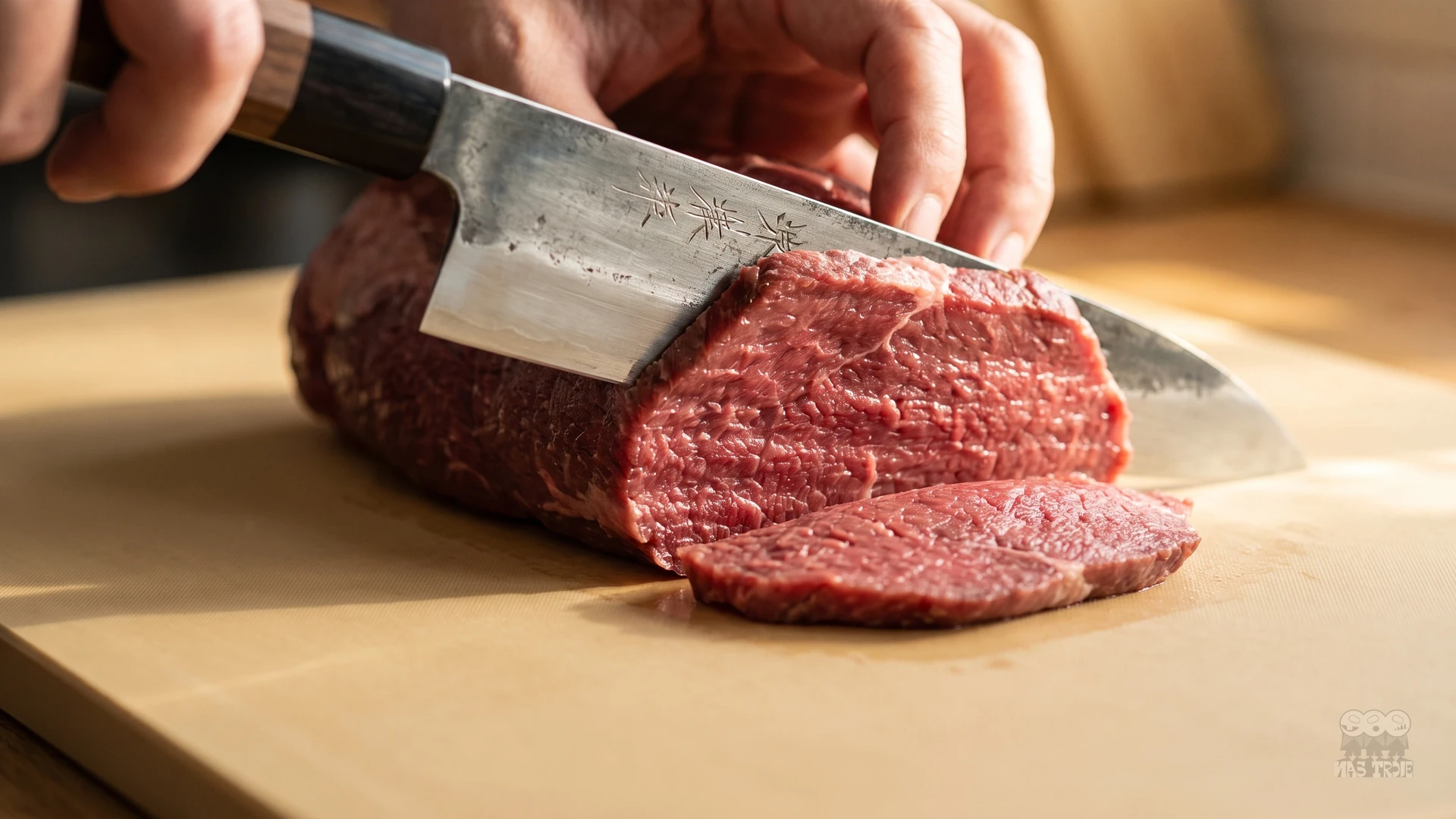 Precyzyjne cięcie mięsa techniką pull cut – równomierne plastry na desce kuchennej. Krojenie pieczonego mięsa ostrym nożem kuchennym na cienkie, równe plastry na drewnianej desce.
