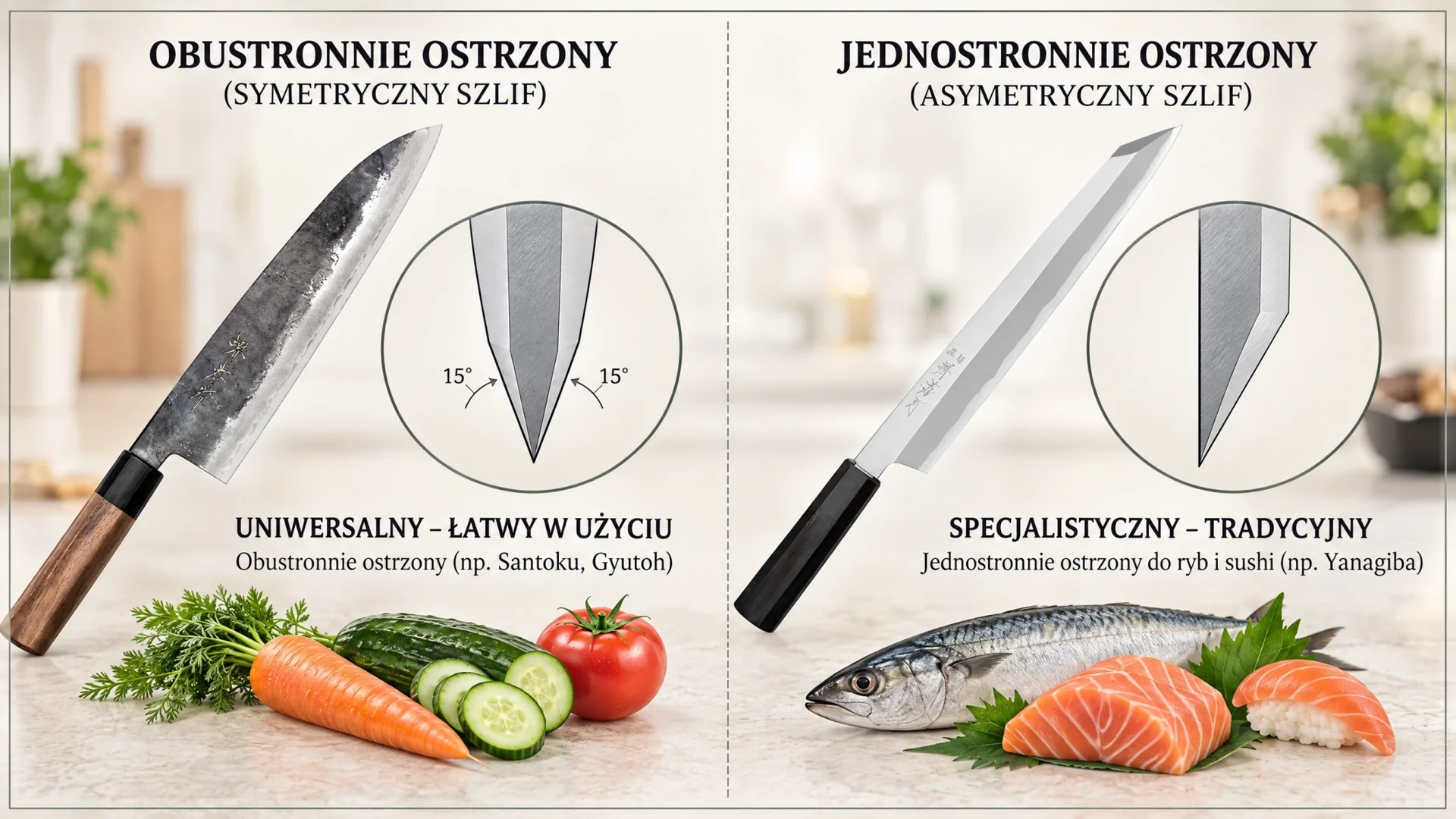 Porównanie japońskich noży: obustronnie i jednostronnie ostrzonych, z warzywami oraz rybą i sushi.
