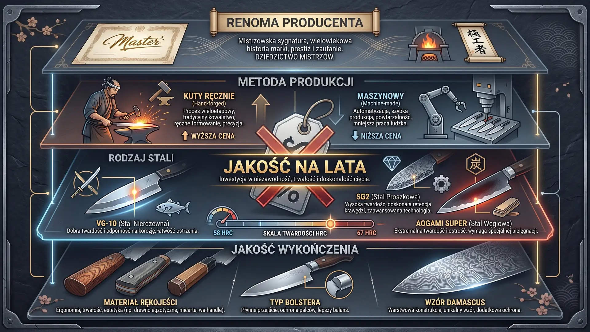 Infografika przedstawiająca różnice cenowe japońskich noży: metoda produkcji, rodzaj stali, wykończenie.