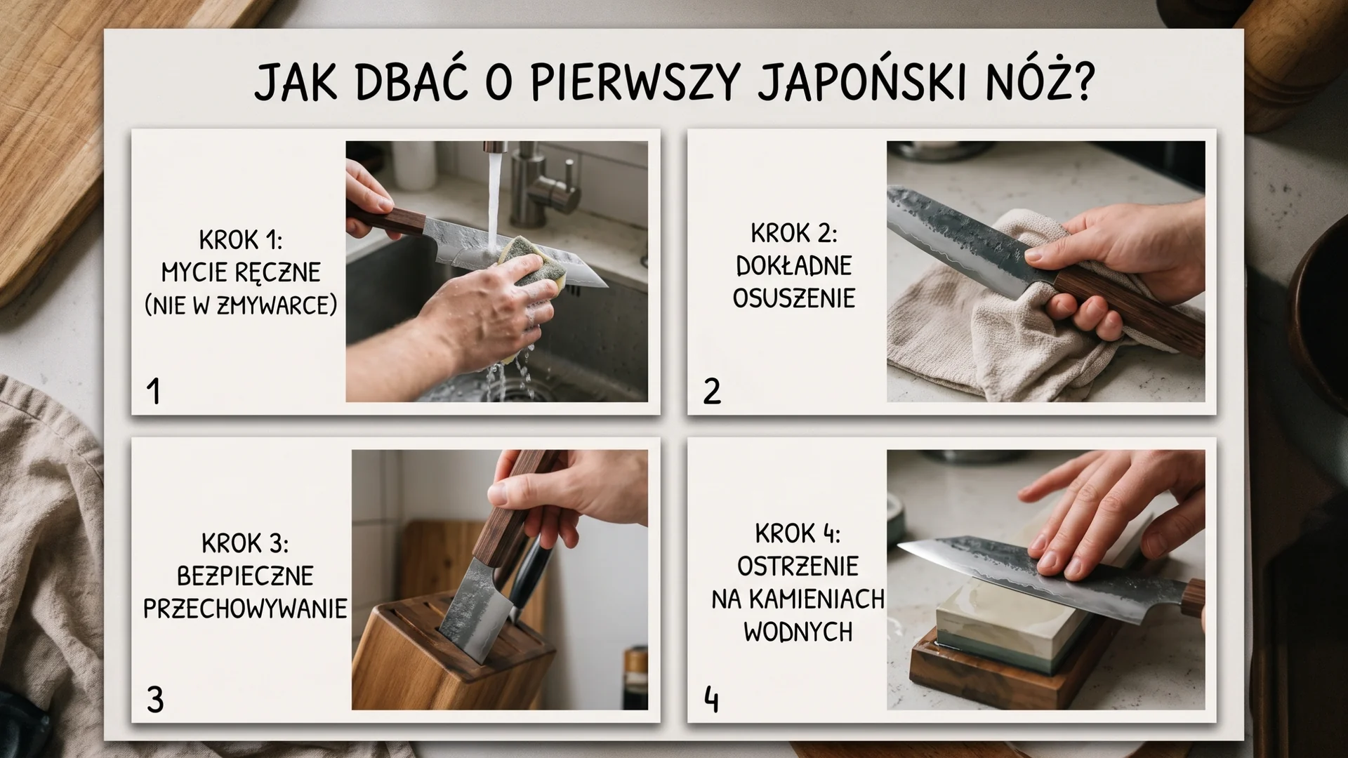 Cztery kroki pielęgnacji pierwszego japońskiego noża – mycie, suszenie, przechowywanie i ostrzenie.