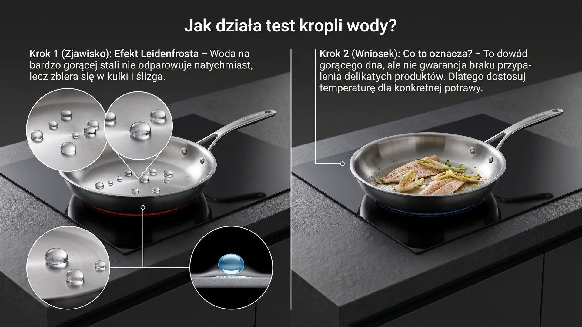 Test kropli wody na stalowej patelni – efekt Leidenfrosta i smażenie ryby na odpowiednio rozgrzanej powierzchni