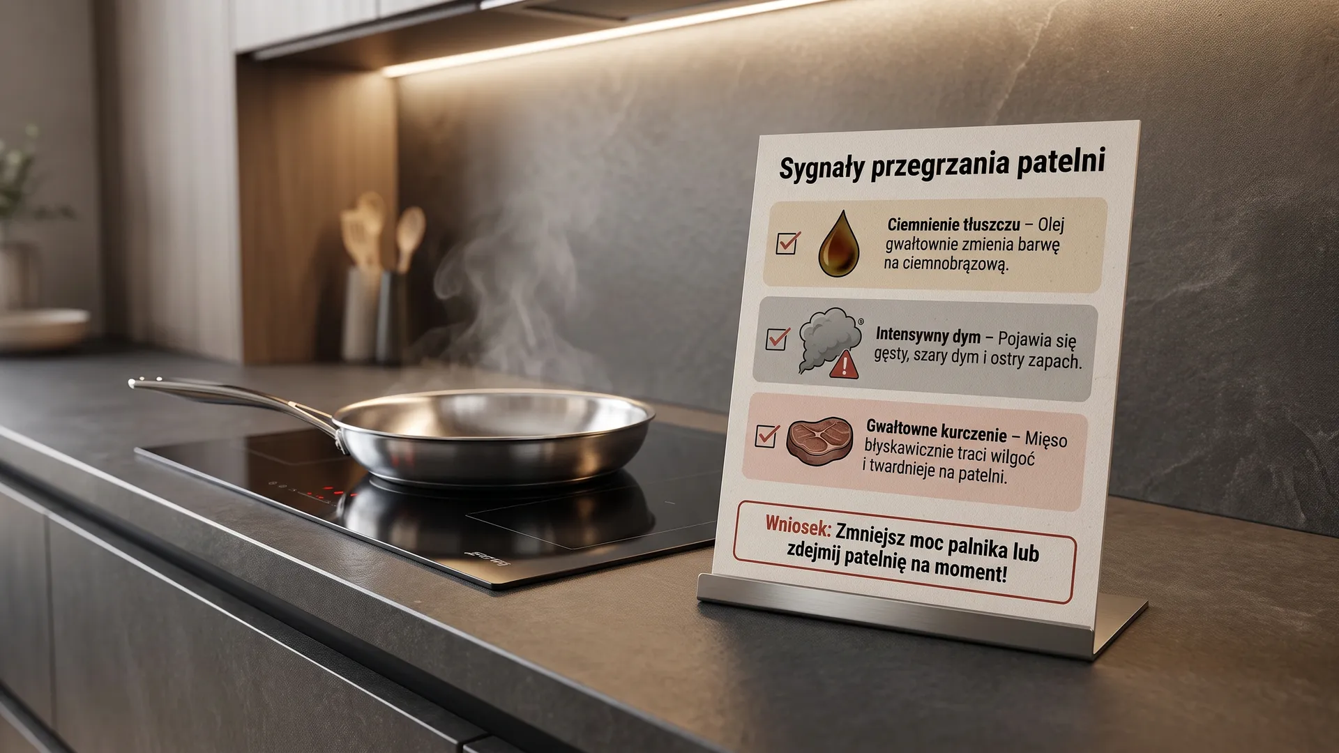 Stalowa patelnia z intensywnym dymem na płycie indukcyjnej obok tabliczki o przegrzaniu naczynia
