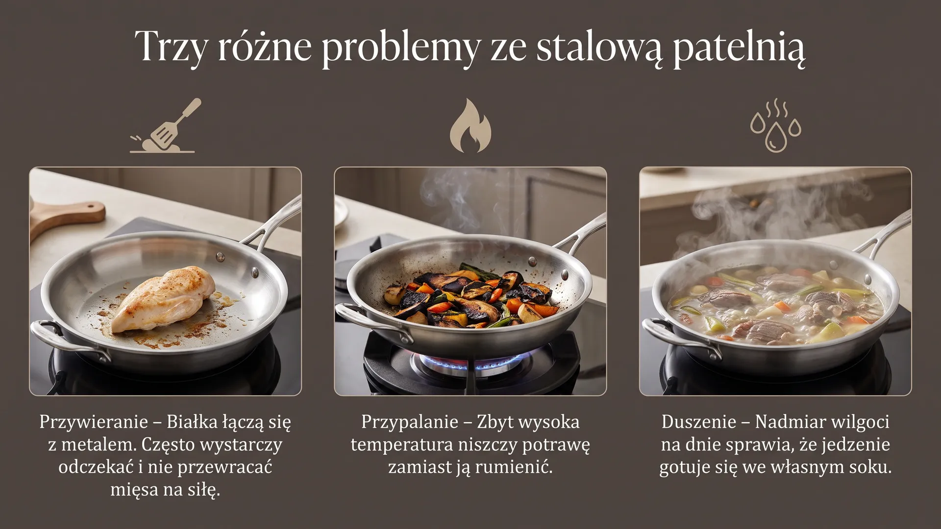 Trzy stalowe patelnie z jedzeniem prezentujące typowe problemy: przywieranie, przypalanie i duszenie.