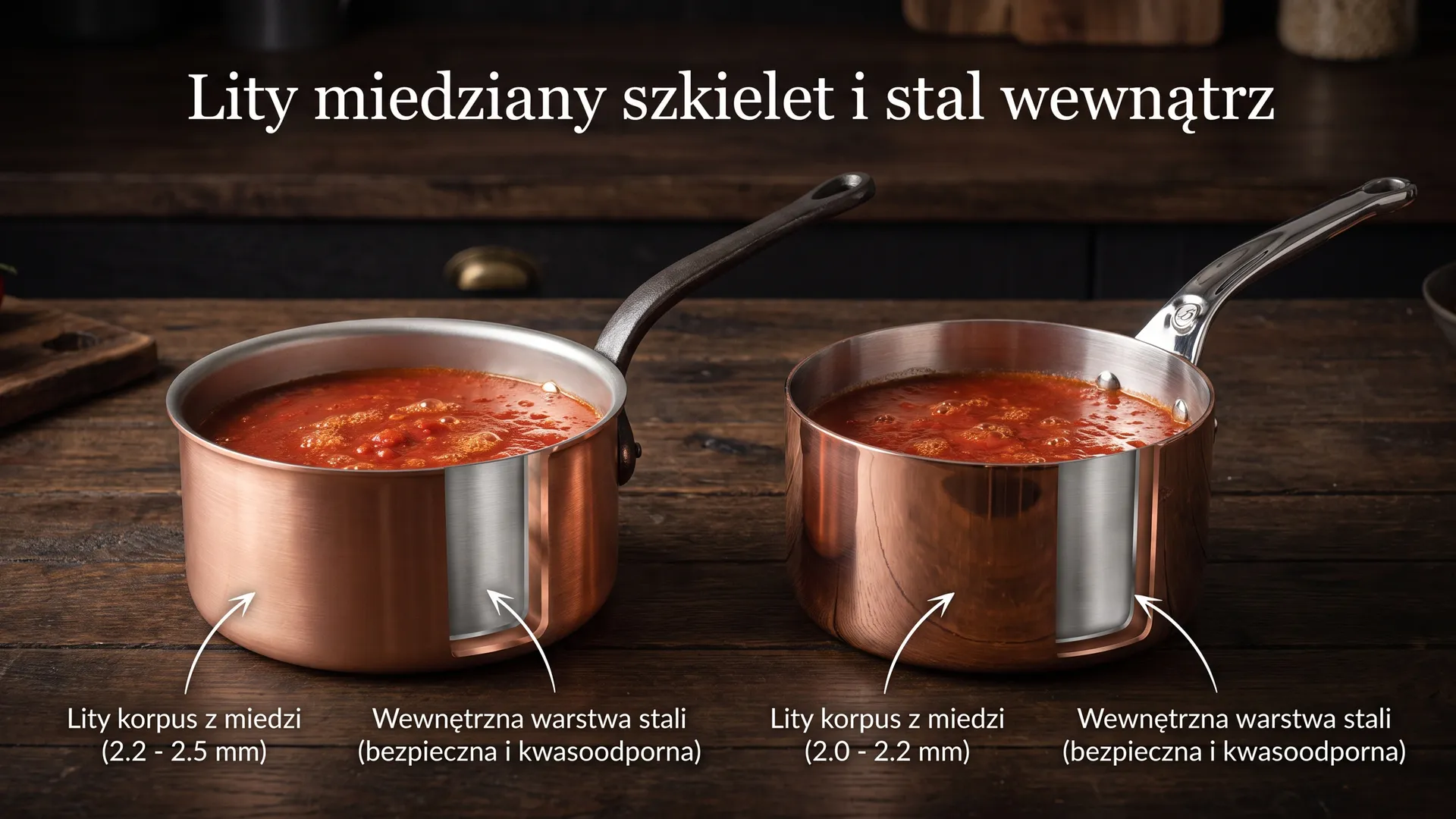 Porównanie budowy naczyń miedzianych Falk i De Buyer – stalowe wnętrze, lity korpus z miedzi Miedziane rondle Falk i De Buyer z przekrojem, pokazujące różnice w grubości miedzi i stalowych wnętrzach