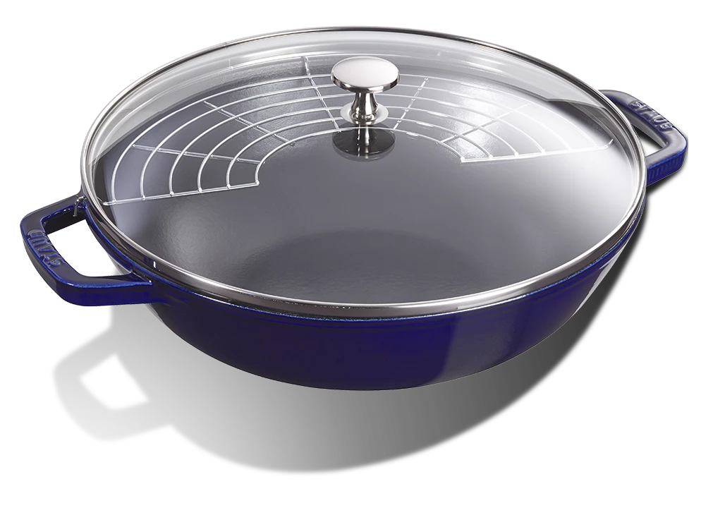 Żeliwny wok w kolorze ciemnoniebieskim z pokrywką i nieprzywierającą powierzchnią, 30 cm.