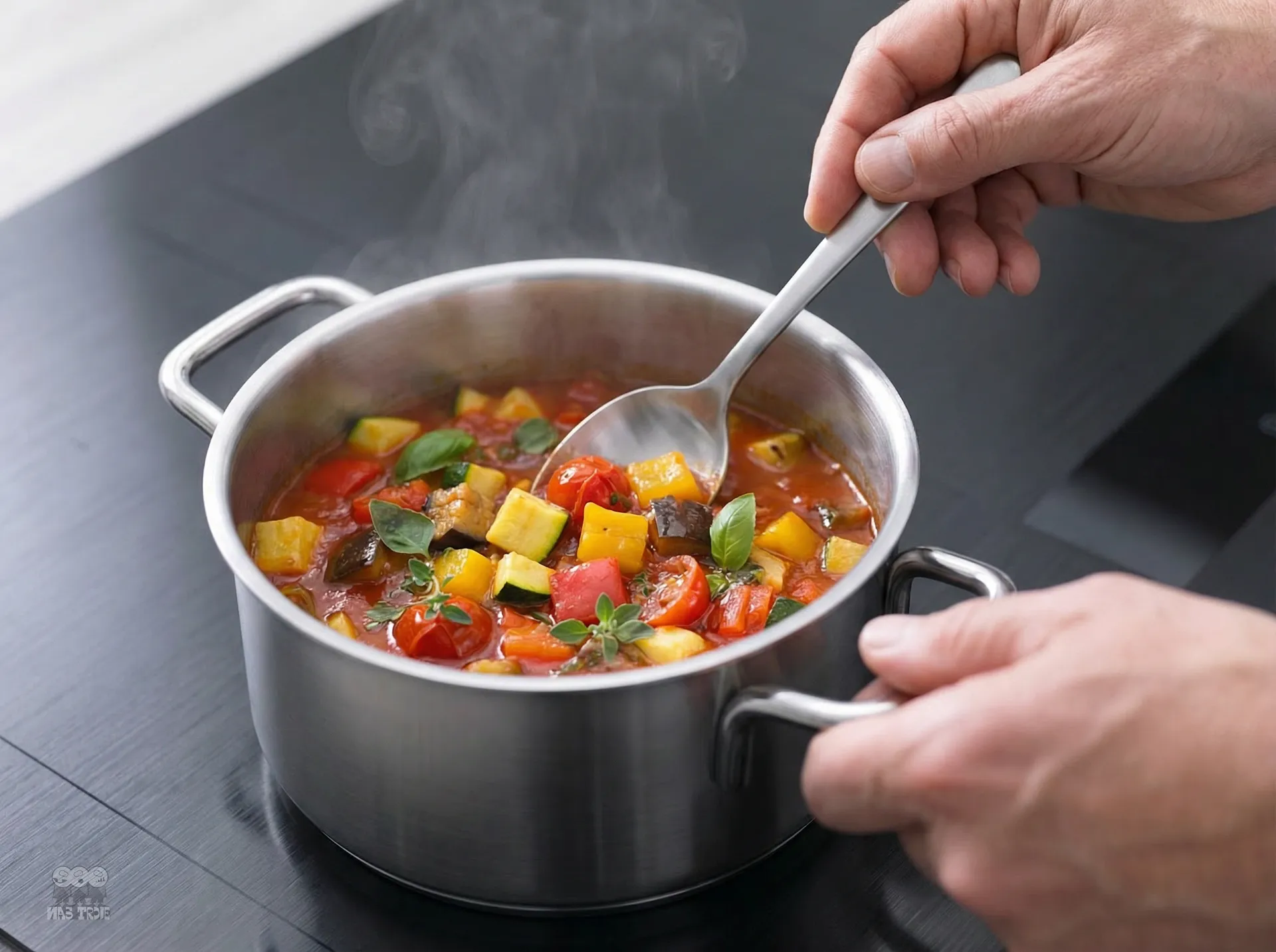 Garnek Demeyere Apollo 1,5 l z ratatouille, mieszany stalową łyżką na czarnym blacie.