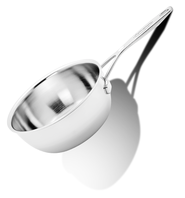 Stalowa patelnia sauté Demeyere, technologia 5-Ply, średnica 18 cm, elegancki design.