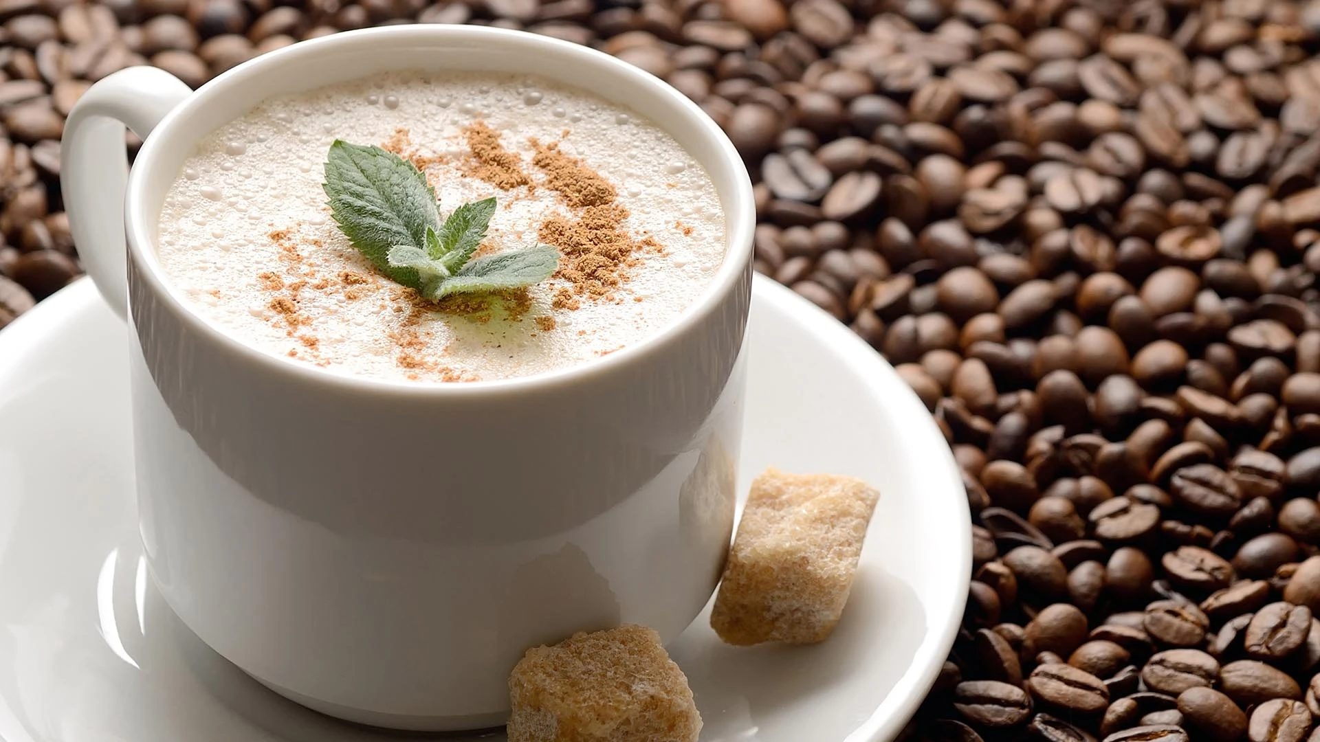 Filiżanka cappuccino z miętą i cynamonem na tle ziaren kawy