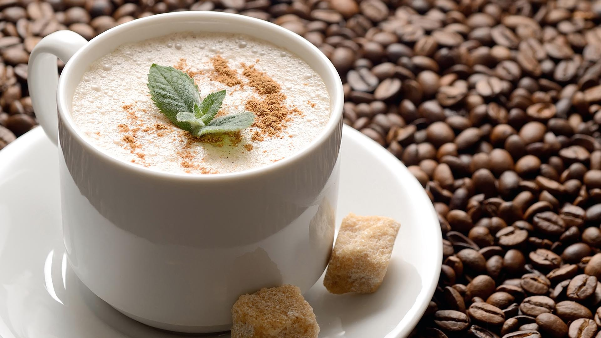 Filiżanka cappuccino z miętą i cynamonem na tle ziaren kawy
