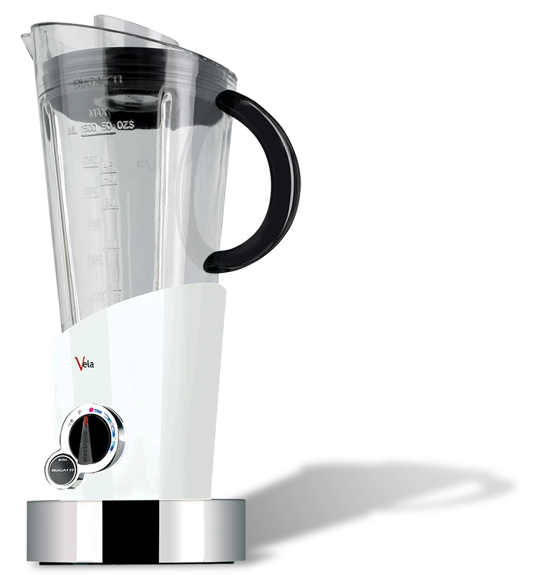 Elegancki biały blender Bugatti Vela z czarnym uchwytem na tle neutralnym.