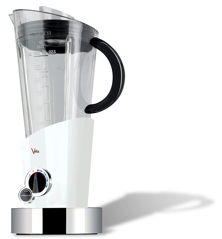 Wielofunkcyjny blender Bugatti Vela w kolorze białym z ciemnym uchwytem. Elegancki biały blender Bugatti Vela z czarnym uchwytem na tle neutralnym.