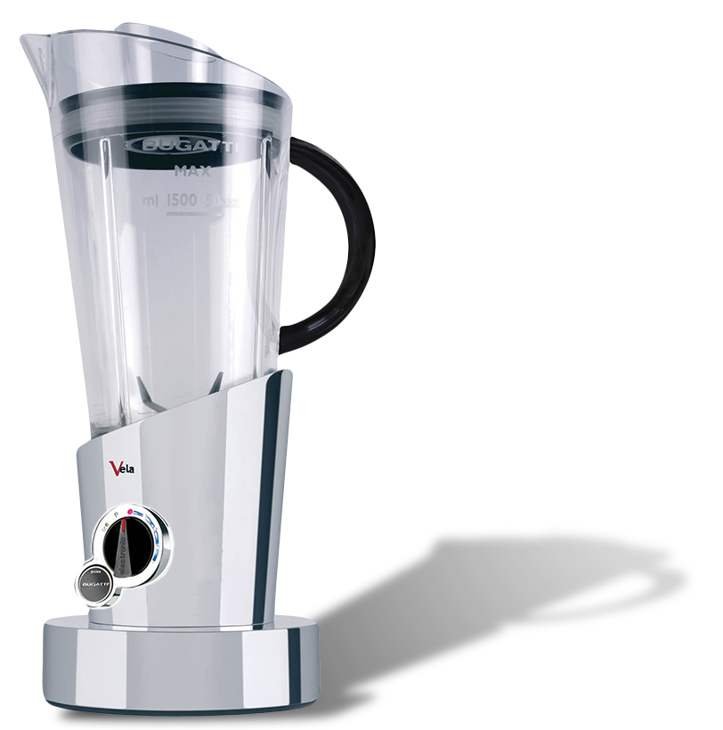 Chromowany blender Vela Bugatti z eleganckim designem w kuchni.