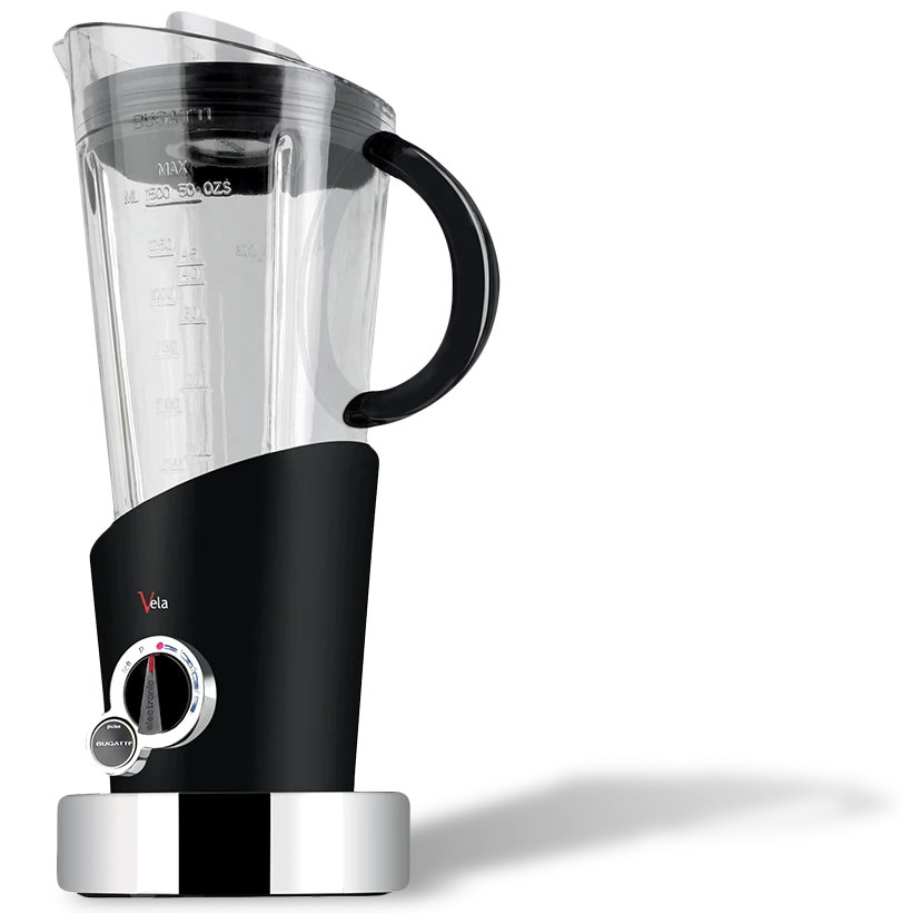 Elegancki czarny blender Vela Bugatti z solidnym uchwytem i nowoczesnym designem.