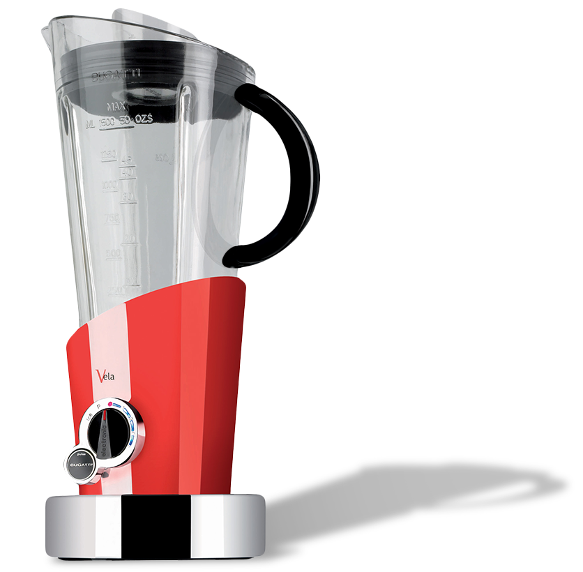 Wielofunkcyjny blender Vela marki Bugatti w czerwonym kolorze. Czerwony blender Vela Bugatti z eleganckim designem i funkcjonalnym uchwytem.