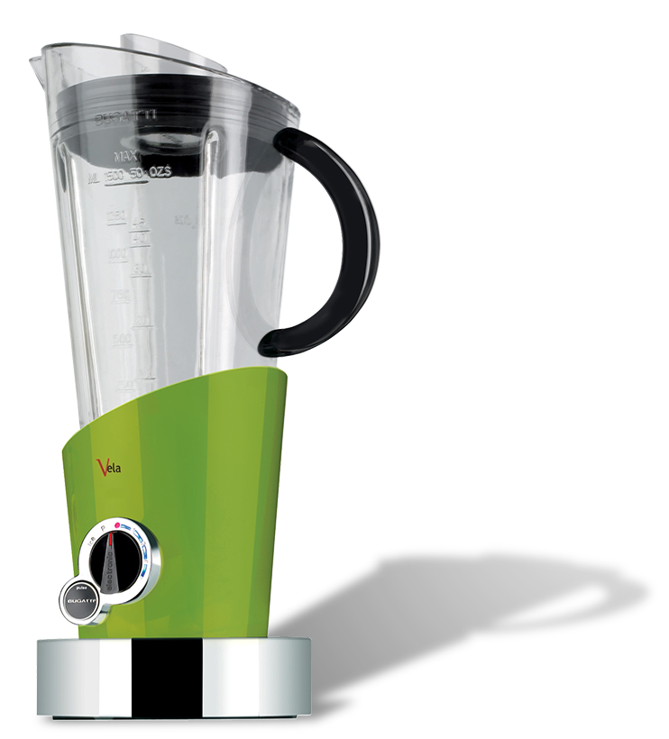 Zielony blender Bugatti Vela z czarnym uchwytem na tle białej ściany.