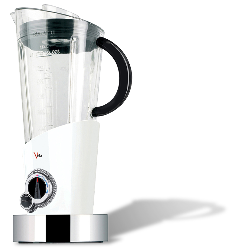 Nowoczesny blender Vela Bugatti ozdobiony kryształami Swarovskiego. Biały blender Vela Bugatti z kryształami Swarovskiego, elegancki i nowoczesny design.