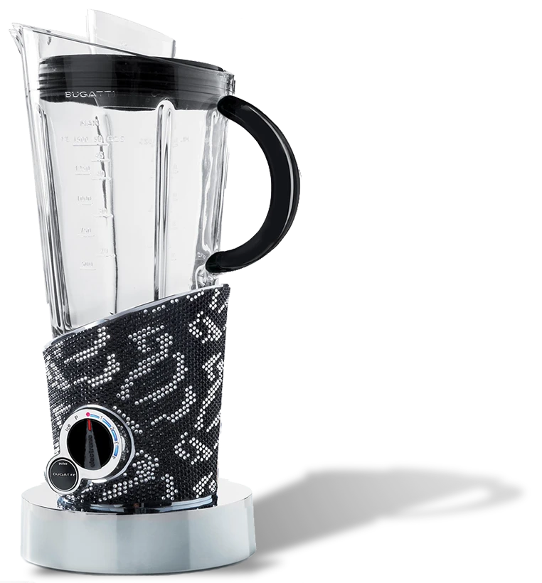 Luksusowy blender Bugatti Vela zdobiony kryształami Swarovskiego, elegancki dodatek do kuchni.