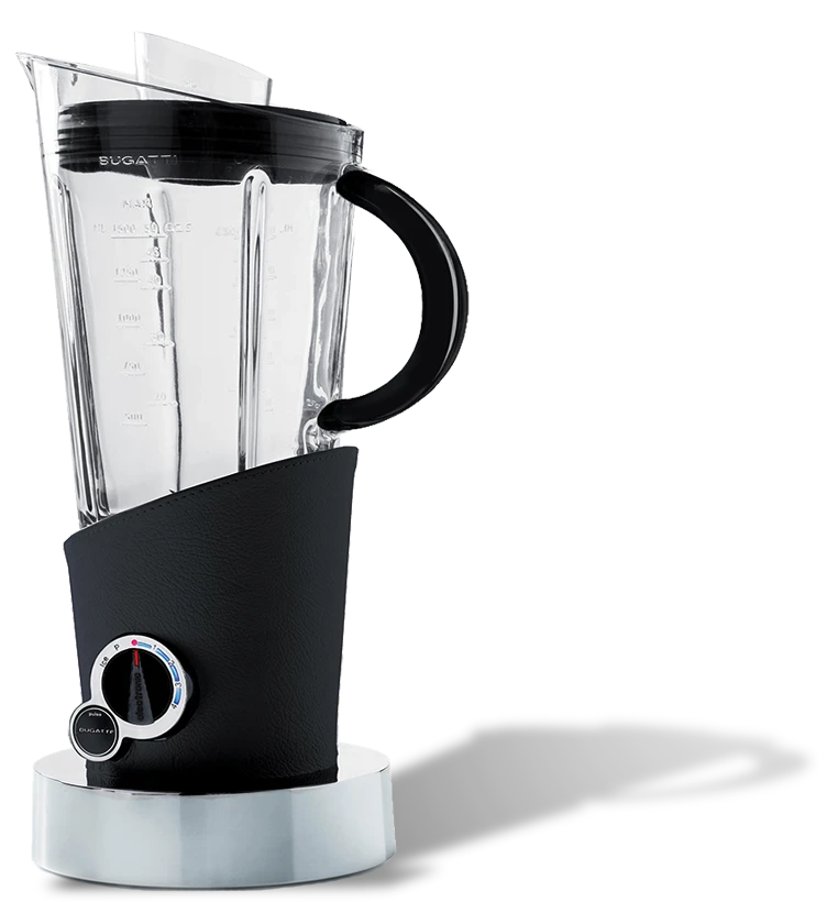 Włoski blender Bugatti obszyty czarną skórą, elegancki design.