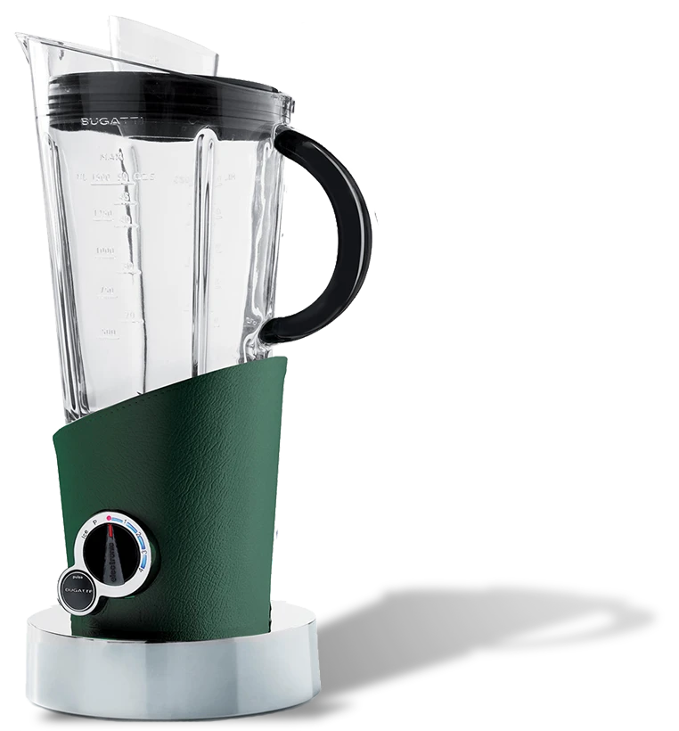 Włoski blender Vela z zieloną skórą Bugatti na eleganckiej podstawie.