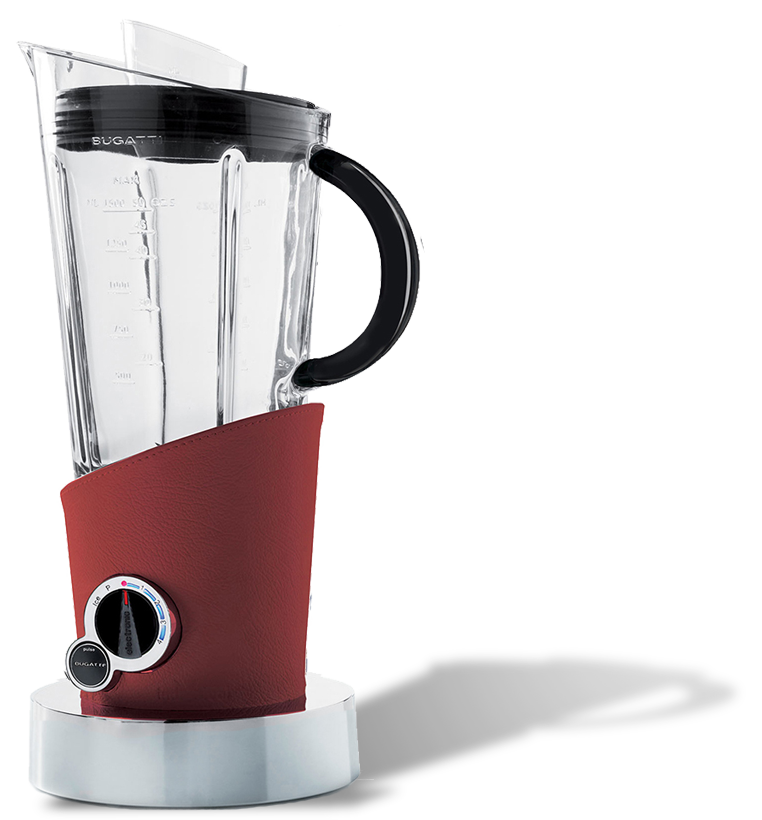 Stylowy blender Bugatti z bordowym skórzanym wykończeniem, doskonały wybór dla miłośników designu. Włoski blender Bugatti z bordową skórą, elegancki i wielofunkcyjny, idealny do każdej kuchni.