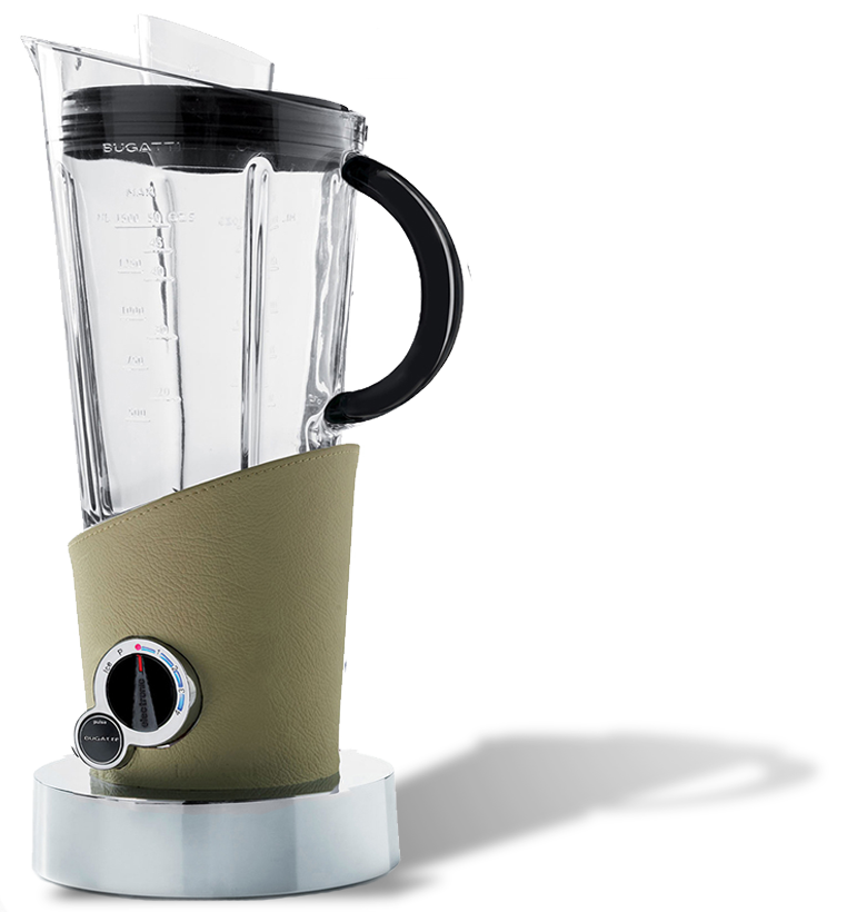 Włoski blender Bugatti Vela z obszyciem ze skóry melange na srebrnej podstawie.