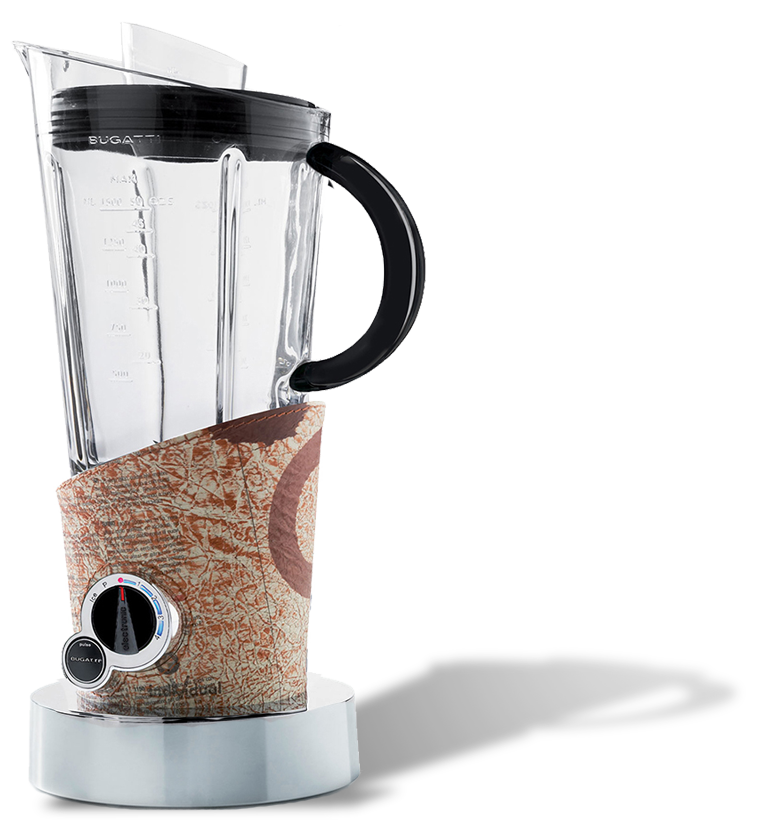 Włoski blender Vela z motywem gazety, obszyty skórą, marki Bugatti
