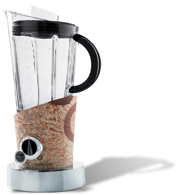 Włoski blender Bugatti Vela w skórzanym wzorze gazety, elegancki design.