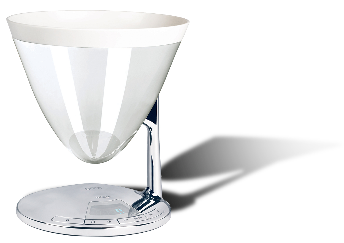 Nowoczesna biała waga kuchenna Uma marki Bugatti z designerską misą.