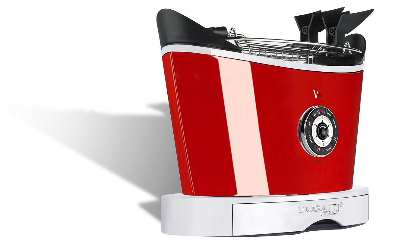 Elegancki czerwony toster Volo marki Bugatti, nowoczesny design.