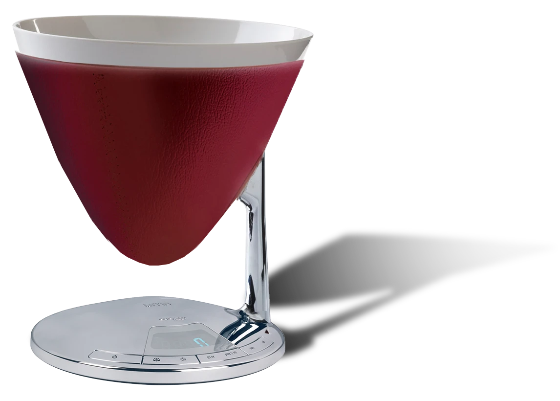 Włoska waga kuchenna Uma z bordową skórą od Bugatti, elegancja i funkcjonalność.