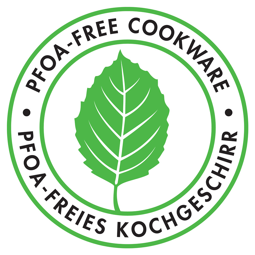 Zielony liść na logo PFOA-Free, symbol zdrowego gotowania bez szkodliwych substancji. Logo PFOA-Free z zielonym liściem, podkreślające bezpieczeństwo patelni Diamond Lite.