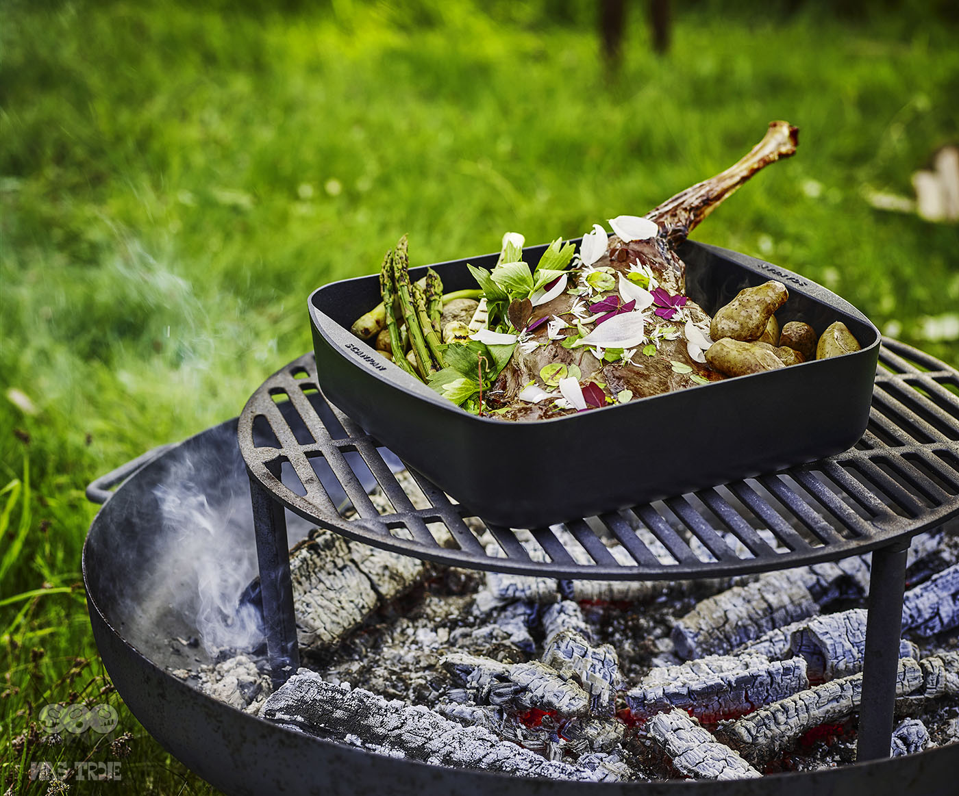 Patelni TechnIQ Scanpan z potrawą na ruszcie w plenerze. Tytanowo-ceramiczna patelnia Scanpan z jedzeniem na grillu w ogrodzie.